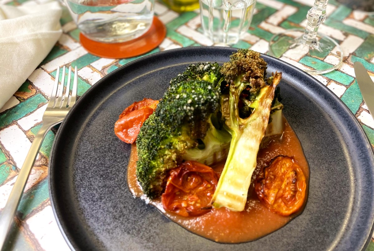 Grilled Broccoli with Roasted Cherry Tomato, Sauce and Parmesan flakes