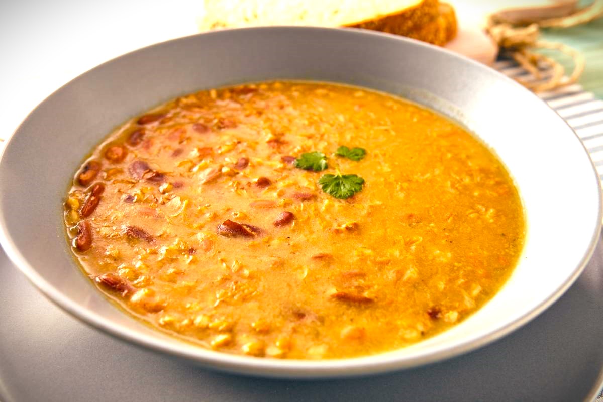 Bean, Legumes & Spelt Soup with Turmeric, Parmesan Flakes