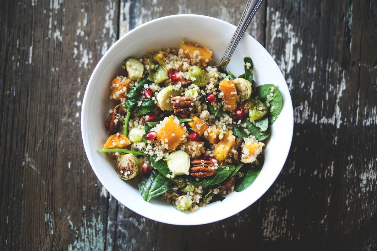 Grain Salad with Roasted Vegetable, Spinach, Walnuts
