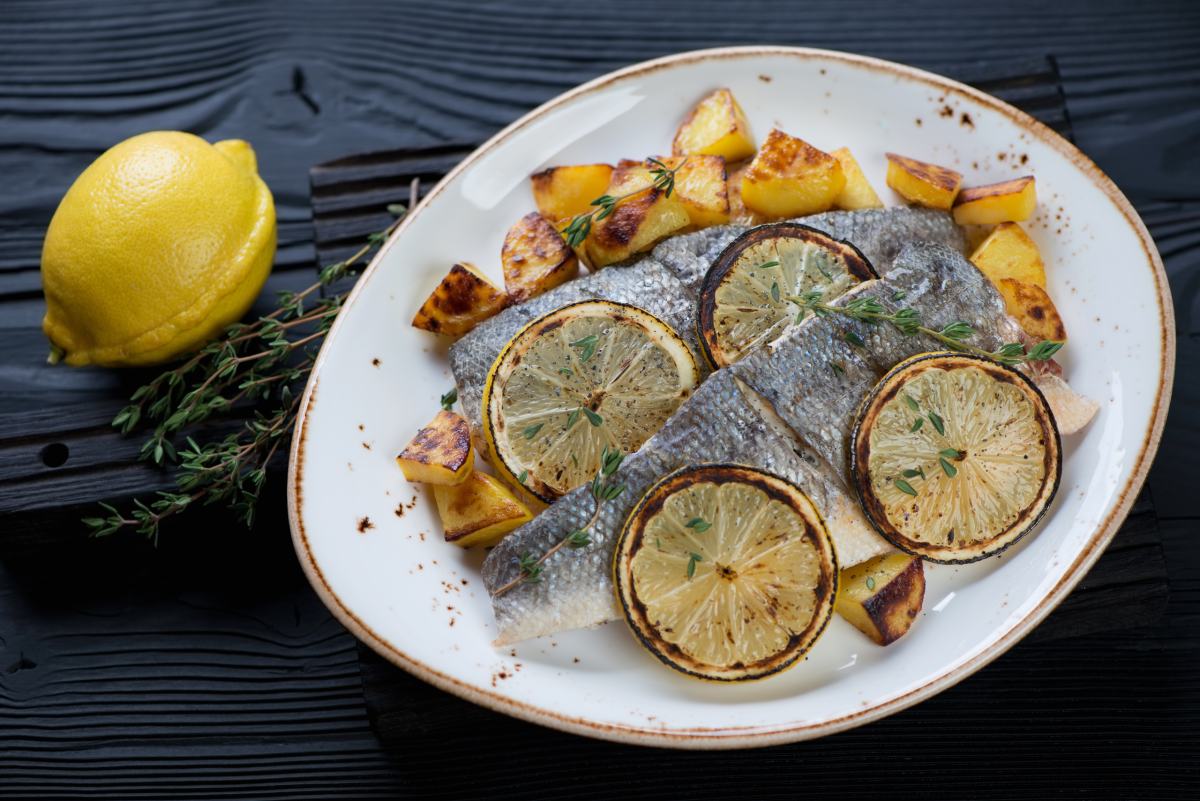 Sea Bass Fillet Grilled, Lemon & Caper Sauce, Roasted Potatoes