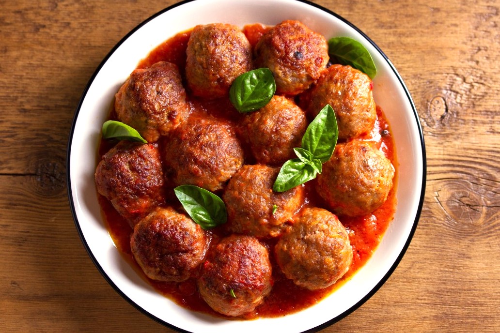 Traditional Italian Meatballs, Tomato Sauce, Vegetables Selection