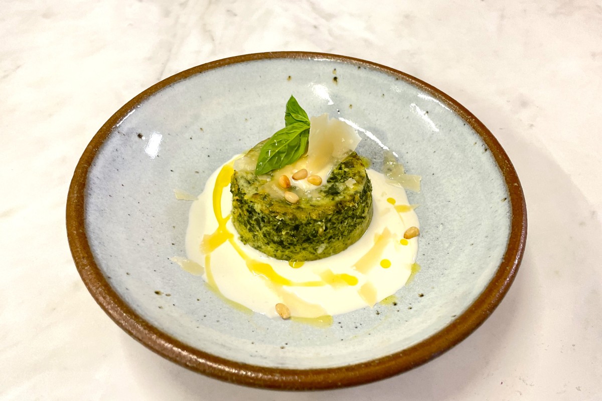 Spinach Flan, Parmesan Sauce, Pine Nuts