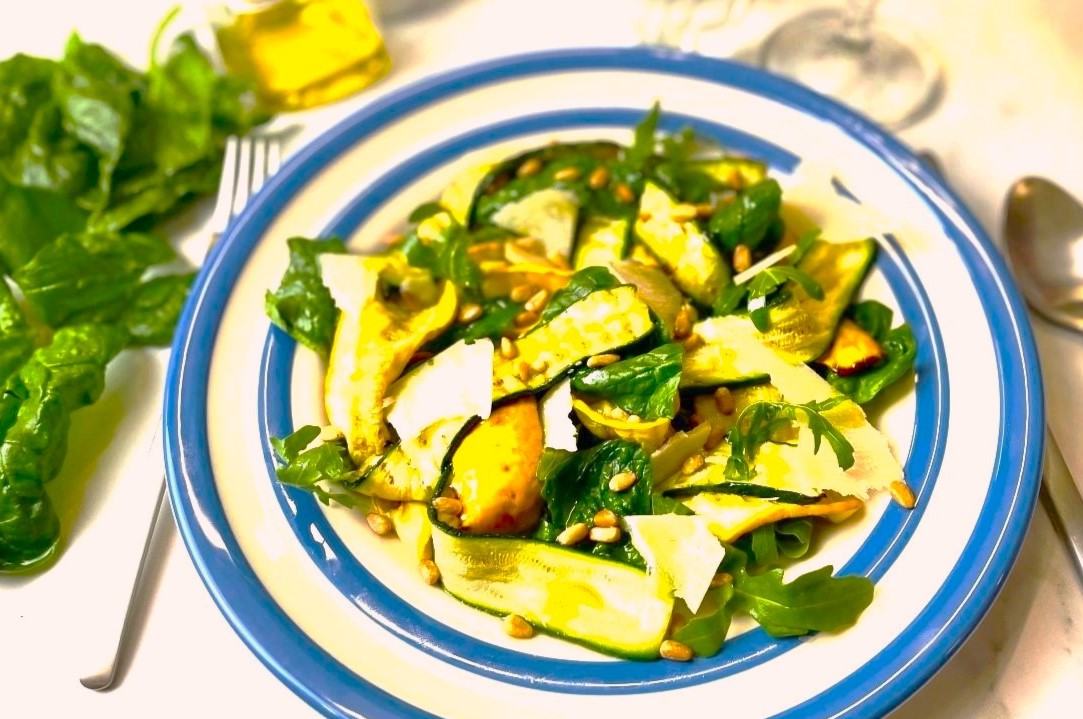 Shaved Grilled Courgettes, Parmesan, Roasted Pine Nuts, Rocket and Basil